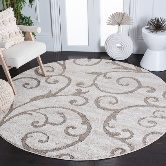 SAFAVIEH Florida Doug Floral Vines Geometric Shag Area Rug, Ivory/Beige, 5' x 5' Round - Transitional Modern Design, Ivory & Beige, Non-Shedding & Easy Cleaning, Ultra Plush Thick Pile, Ideal for Liv