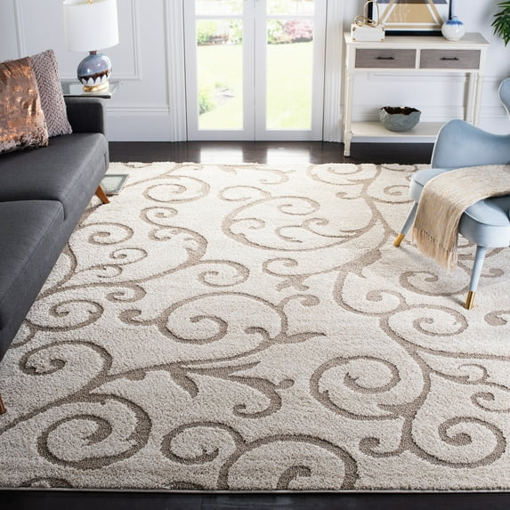 SAFAVIEH Florida Doug Floral Vines Geometric Shag Area Rug, Ivory/Beige, 9' x 9' Square - Large - Transitional Modern Design, Ivory & Beige, Non-Shedding & Easy Cleaning, Ultra Plush Thick Pile, Idea