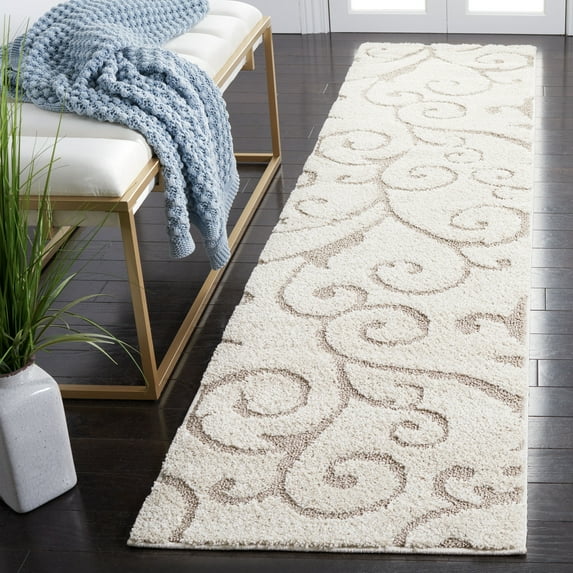 SAFAVIEH Florida Doug Floral Vines Geometric Shag Runner Rug, Ivory/Beige, 2'3" x 13' - Transitional Modern Design, Ivory & Beige, Non-Shedding & Easy Cleaning, Ultra Plush Thick Pile, Ideal for Livi