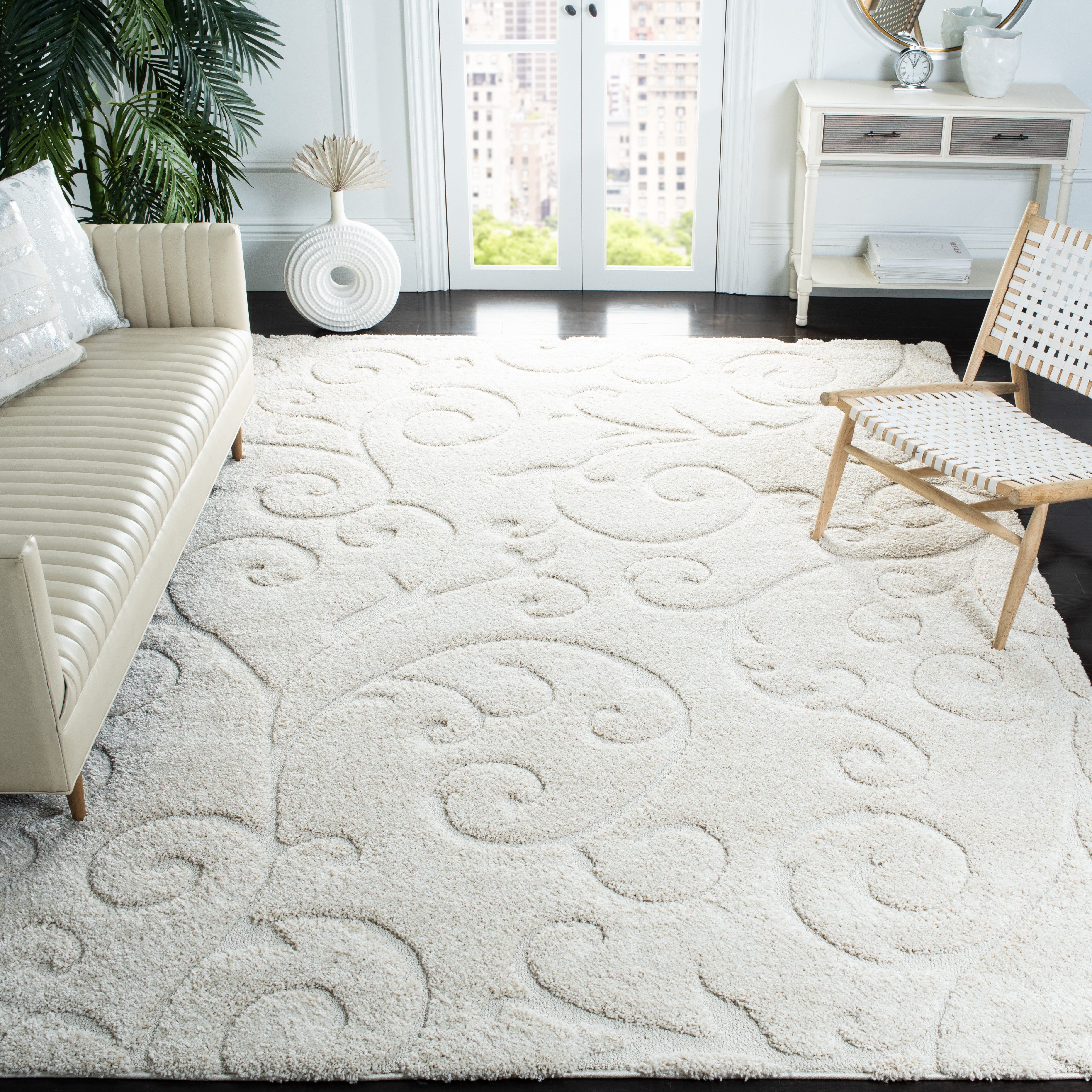 SAFAVIEH Florida Doug Floral Vines Geometric Shag Area Rug, Creme, 11' x 15' - X-Large - Transitional Modern Design, Creme & Creme, Non-Shedding & Easy Cleaning, Ultra Plush Thick Pile, Ideal for Liv