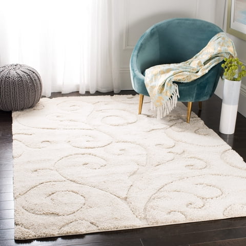 SAFAVIEH Florida Doug Floral Vines Geometric Shag Area Rug, Creme, 5'3" x 7'6" - Transitional Modern Design, Creme & Creme, Non-Shedding & Easy Cleaning, Ultra Plush Thick Pile, Ideal for Living Room