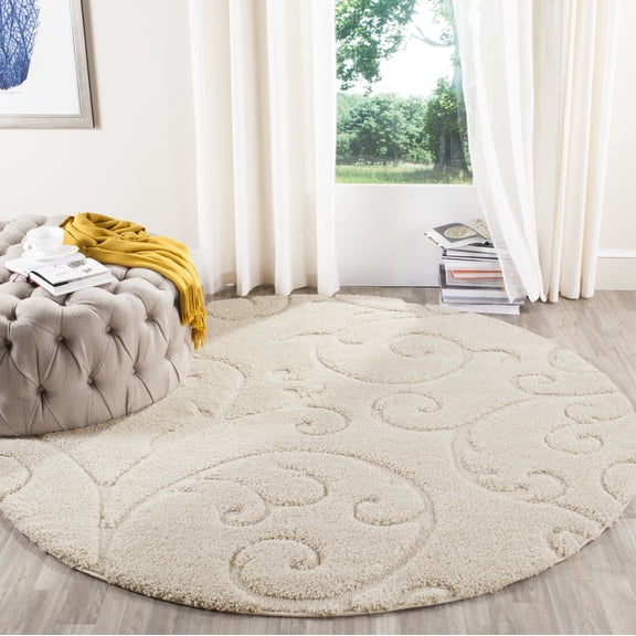 SAFAVIEH Florida Doug Floral Vines Geometric Shag Area Rug, Creme, 5' x 5' Round - Transitional Modern Design, Creme & Creme, Non-Shedding & Easy Cleaning, Ultra Plush Thick Pile, Ideal for Living Ro