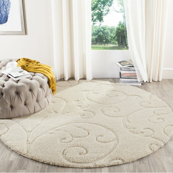 SAFAVIEH Florida Doug Floral Vines Geometric Shag Area Rug, Creme, 6'7" x 6'7" Round - Transitional Modern Design, Creme & Creme, Non-Shedding & Easy Cleaning, Ultra Plush Thick Pile, Ideal for Livin