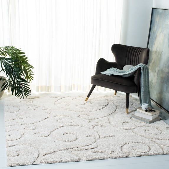 SAFAVIEH Florida Doug Floral Vines Geometric Shag Area Rug, Creme, 9' x 9' Square - Large - Transitional Modern Design, Creme & Creme, Non-Shedding & Easy Cleaning, Ultra Plush Thick Pile, Ideal for