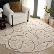 SAFAVIEH Florida Doug Floral Vines Geometric Shag Area Rug, Cream/Beige, 10' x 10' Round - Large - Transitional Modern Design, Cream & Beige, Non-Shedding & Easy Cleaning, Ultra Plush Thick Pile, Ide