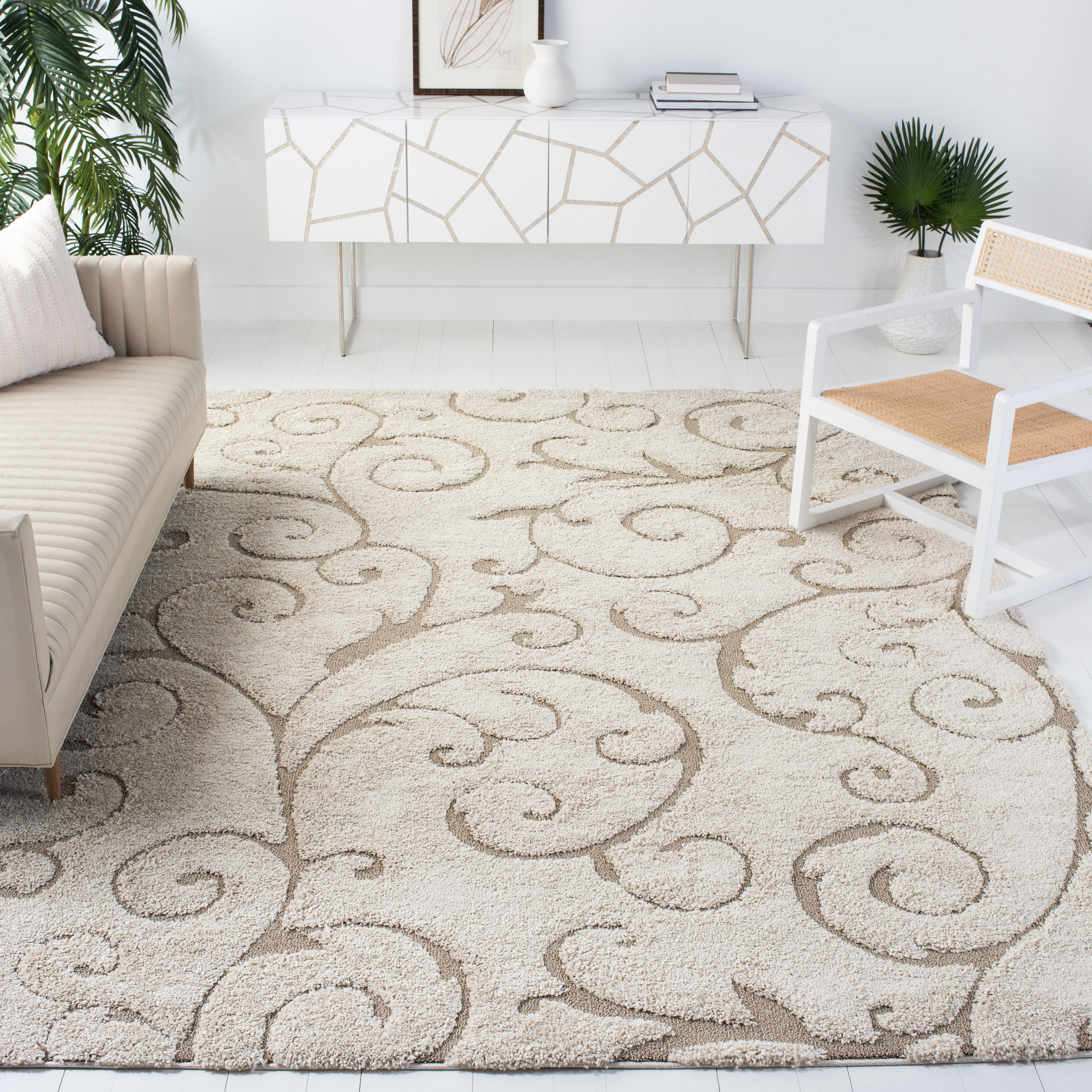 SAFAVIEH Florida Doug Floral Vines Geometric Shag Area Rug, Cream/Beige, 11' x 15' - X-Large - Transitional Modern Design, Cream & Beige, Non-Shedding & Easy Cleaning, Ultra Plush Thick Pile, Ideal f