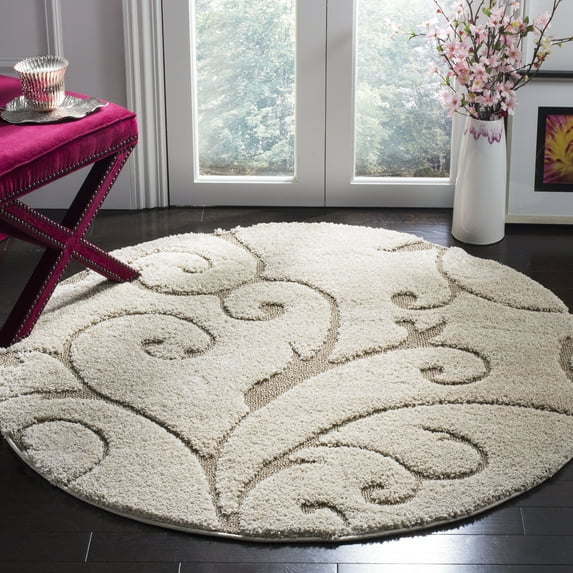 SAFAVIEH Florida Doug Floral Vines Geometric Shag Area Rug, Cream/Beige, 4' x 4' Round - Transitional Modern Design, Cream & Beige, Non-Shedding & Easy Cleaning, Ultra Plush Thick Pile, Ideal for Liv