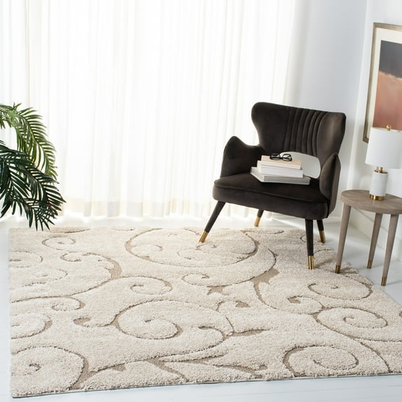 SAFAVIEH Florida Doug Floral Vines Geometric Shag Area Rug, Cream/Beige, 4' x 4' Square - Transitional Modern Design, Cream & Beige, Non-Shedding & Easy Cleaning, Ultra Plush Thick Pile, Ideal for Li