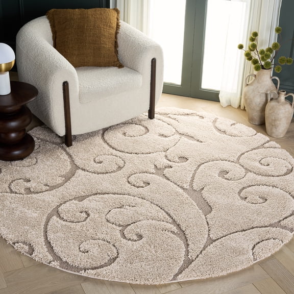 SAFAVIEH Florida Doug Floral Vines Geometric Shag Area Rug, Cream/Beige, 6'7" x 6'7" Round - Transitional Modern Design, Cream & Beige, Non-Shedding & Easy Cleaning, Ultra Plush Thick Pile, Ideal for