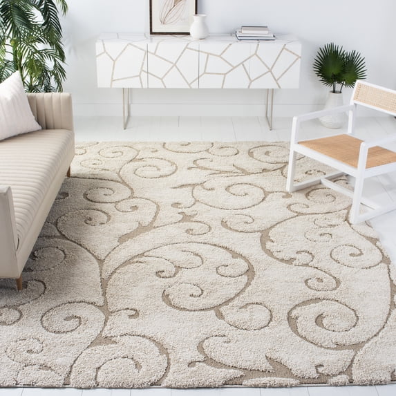 SAFAVIEH Florida Doug Floral Vines Geometric Shag Area Rug, Cream/Beige, 8' x 10' - Large - Transitional Modern Design, Cream & Beige, Non-Shedding & Easy Cleaning, Ultra Plush Thick Pile, Ideal for