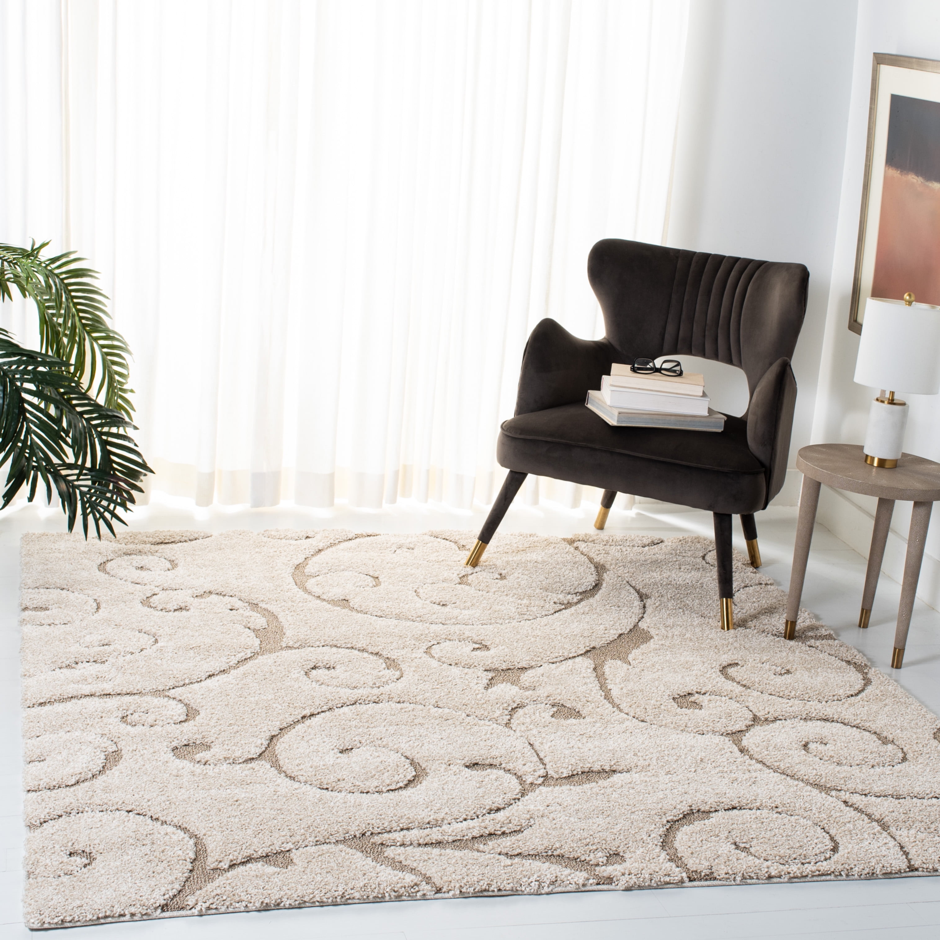 SAFAVIEH Florida Doug Floral Vines Geometric Shag Area Rug, Cream/Beige, 8' x 8' Square - Transitional Modern Design, Cream & Beige, Non-Shedding & Easy Cleaning, Ultra Plush Thick Pile, Ideal for Li
