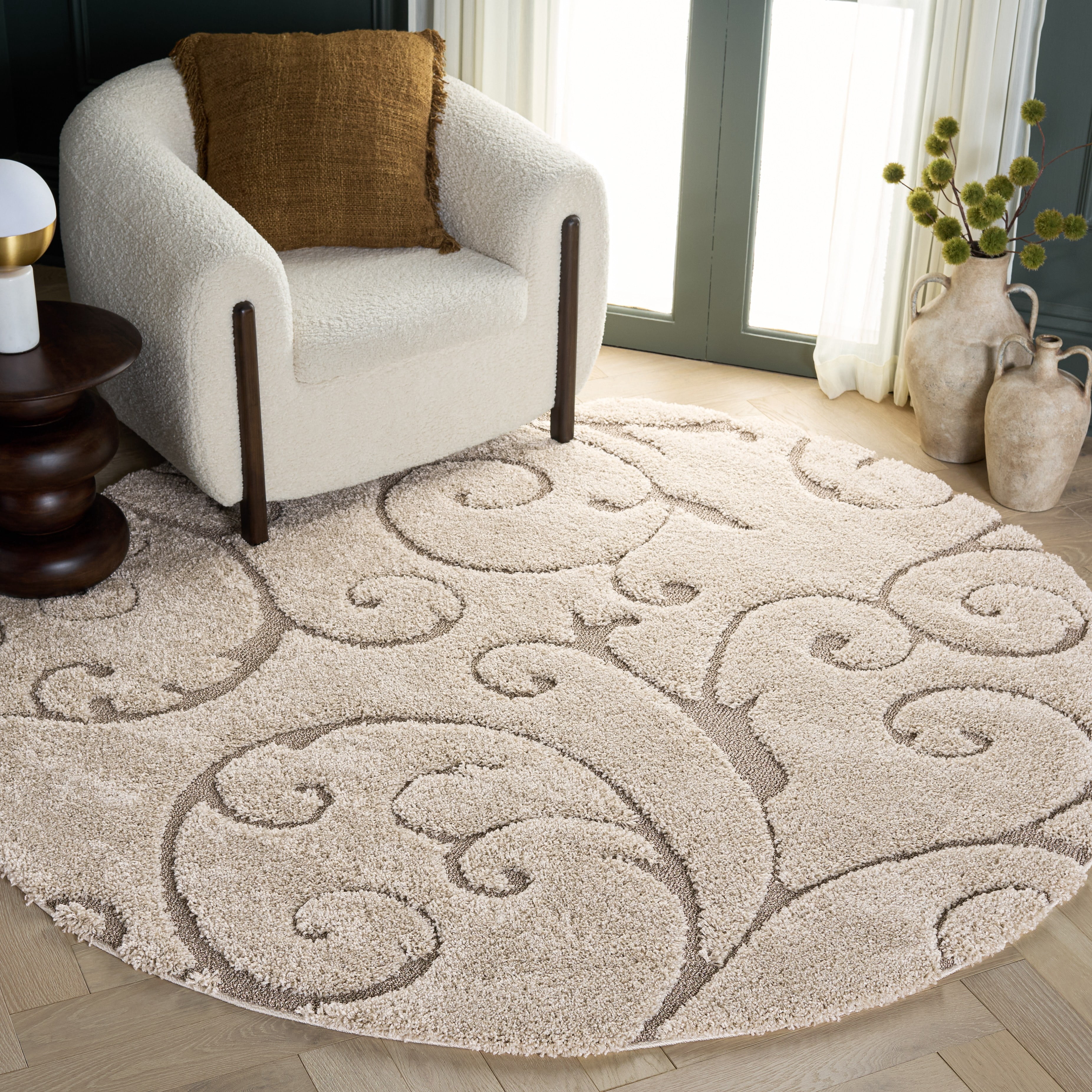 SAFAVIEH Florida Doug Floral Vines Geometric Shag Area Rug, Cream/Beige, 9' x 9' Round - Large - Transitional Modern Design, Cream & Beige, Non-Shedding & Easy Cleaning, Ultra Plush Thick Pile, Ideal