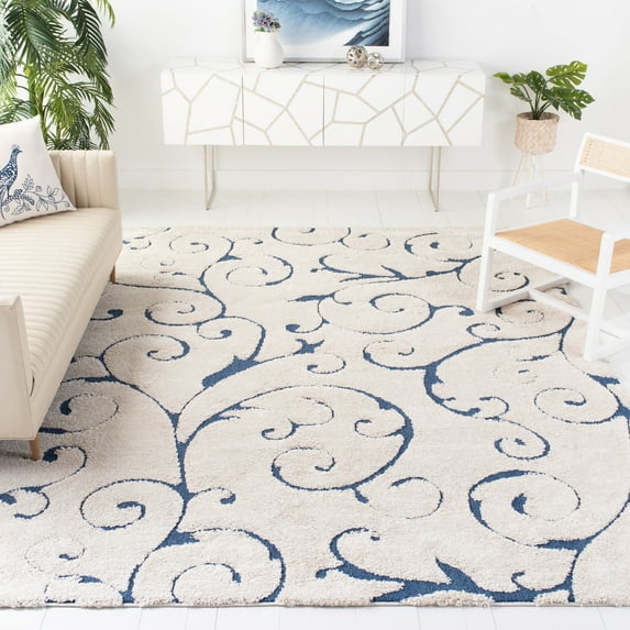 SAFAVIEH Florida Doug Floral Vines Geometric Shag Area Rug, Cream/Blue, 11' x 15' - X-Large - Transitional Modern Design, Cream & Blue, Non-Shedding & Easy Cleaning, Ultra Plush Thick Pile, Ideal for