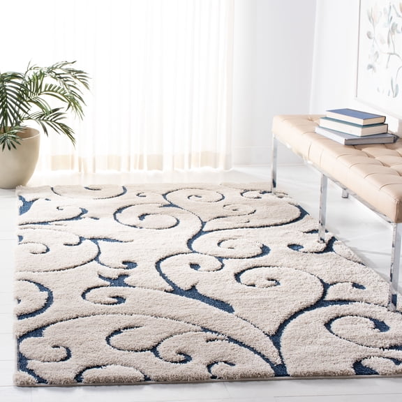 SAFAVIEH Florida Doug Floral Vines Geometric Shag Area Rug, Cream/Blue, 5'3" x 7'6" - Transitional Modern Design, Cream & Blue, Non-Shedding & Easy Cleaning, Ultra Plush Thick Pile, Ideal for Living