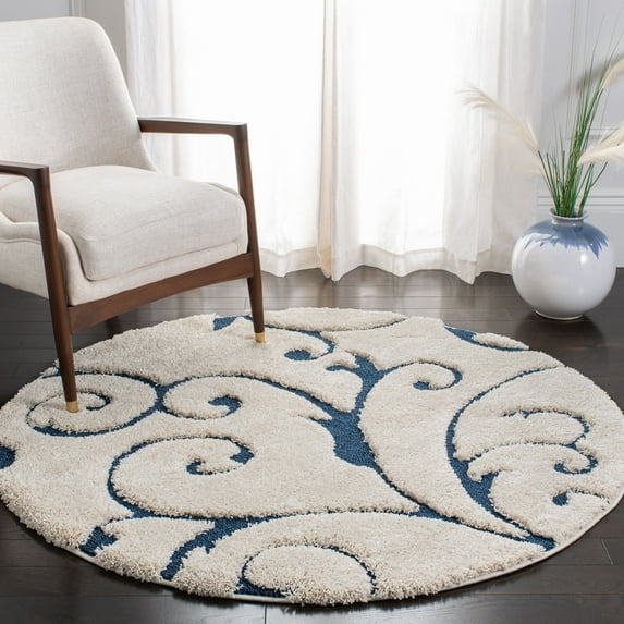 SAFAVIEH Florida Doug Floral Vines Geometric Shag Area Rug, Cream/Blue, 5' x 5' Round - Transitional Modern Design, Cream & Blue, Non-Shedding & Easy Cleaning, Ultra Plush Thick Pile, Ideal for Livin
