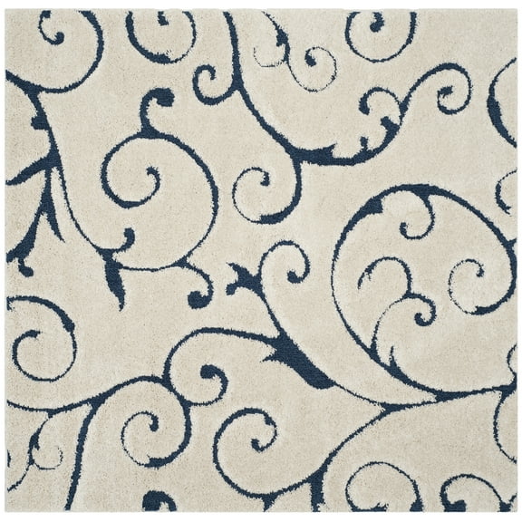 SAFAVIEH Florida Doug Floral Vines Geometric Shag Area Rug, Cream/Blue, 6'7" x 6'7" Square
