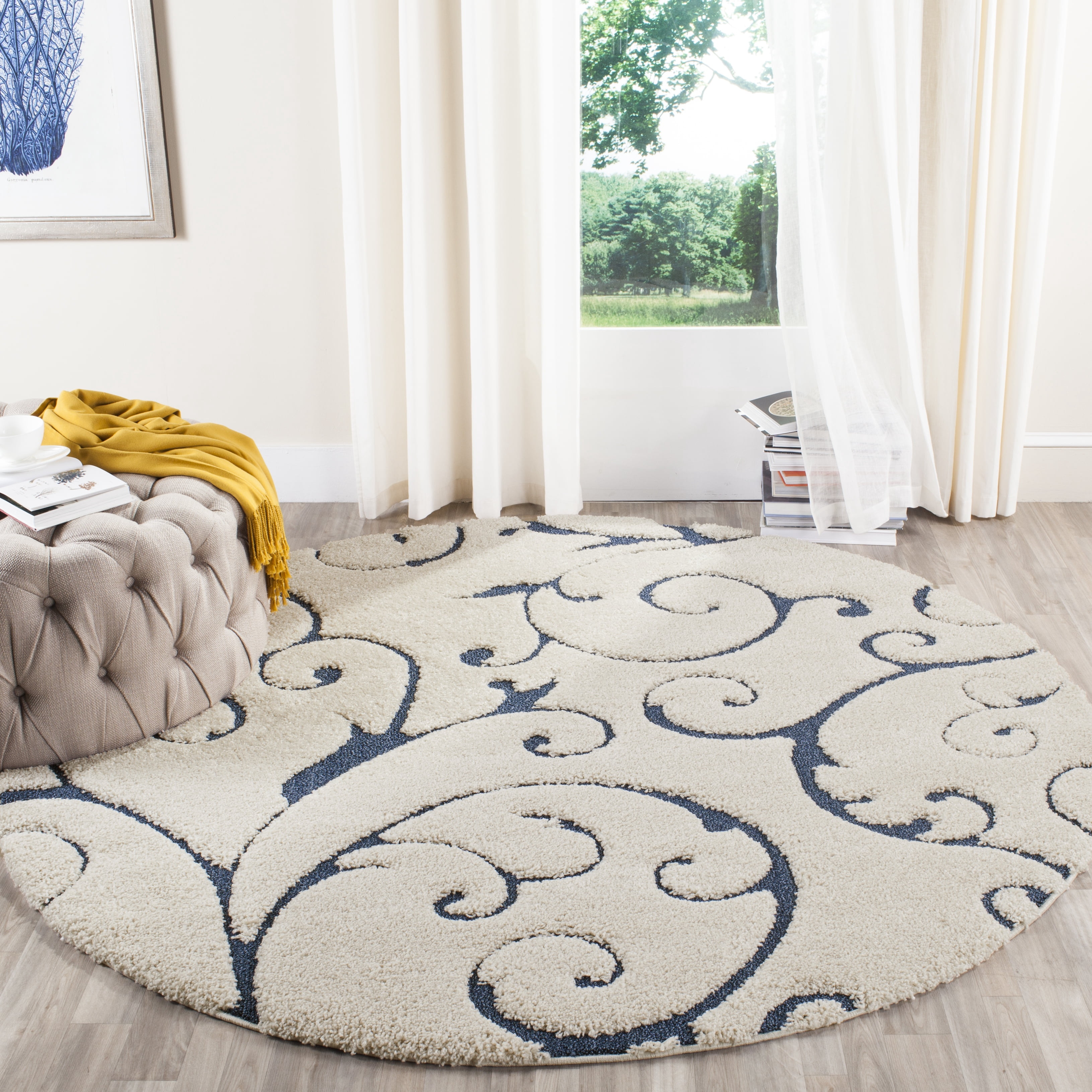 SAFAVIEH Florida Doug Floral Vines Geometric Shag Area Rug, Cream/Blue, 8' x 8' Round - Transitional Modern Design, Cream & Blue, Non-Shedding & Easy Cleaning, Ultra Plush Thick Pile, Ideal for Livin