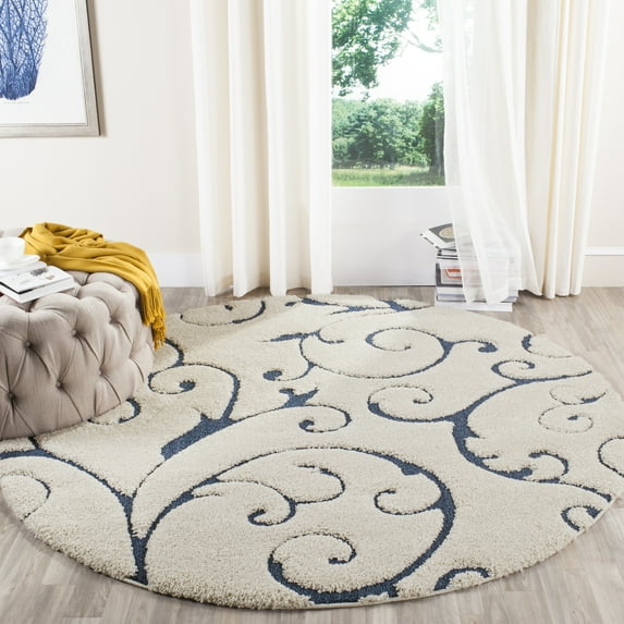SAFAVIEH Florida Doug Floral Vines Geometric Shag Area Rug, Cream/Blue, 8' x 8' Round - Transitional Modern Design, Cream & Blue, Non-Shedding & Easy Cleaning, Ultra Plush Thick Pile, Ideal for Livin