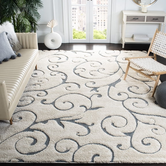 SAFAVIEH Florida Doug Floral Vines Geometric Shag Area Rug, Beige/Blue Grey, 11' x 15' - X-Large - Transitional Modern Design, Beige & Blue Grey, Non-Shedding & Easy Cleaning, Ultra Plush Thick Pile,