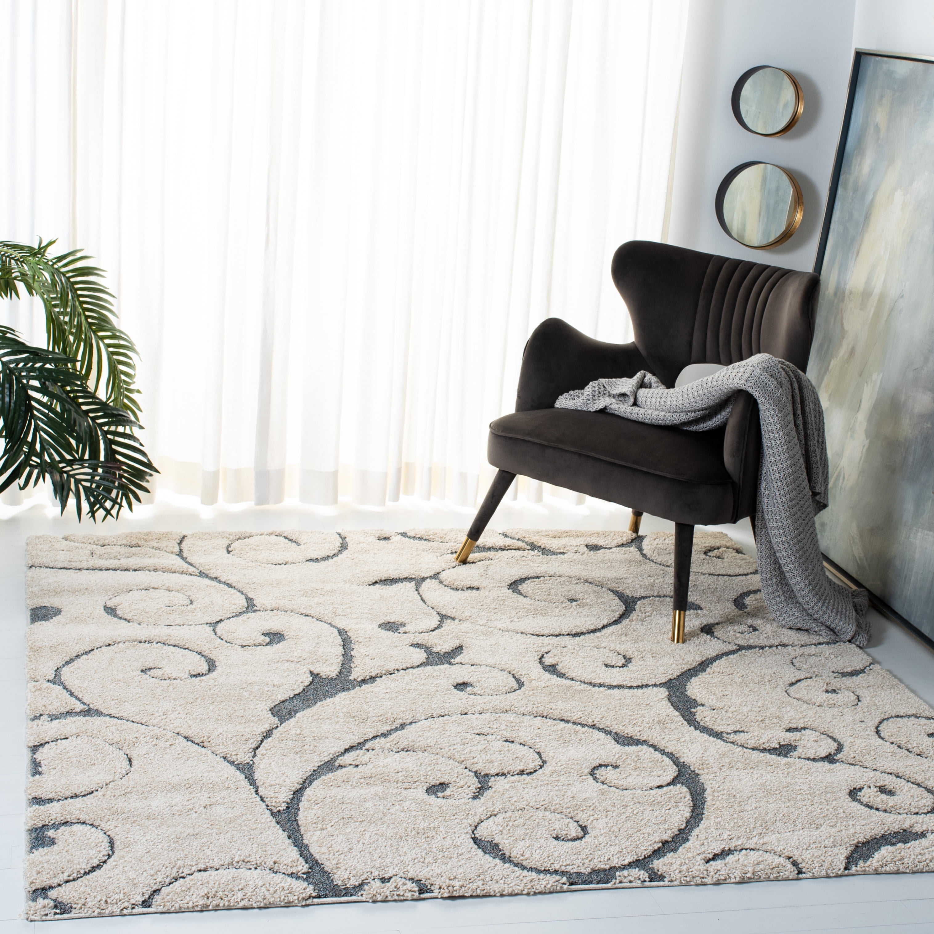 SAFAVIEH Florida Doug Floral Vines Geometric Shag Area Rug, Beige/Blue Grey, 5' x 5' Square - Transitional Modern Design, Beige & Blue Grey, Non-Shedding & Easy Cleaning, Ultra Plush Thick Pile, Idea