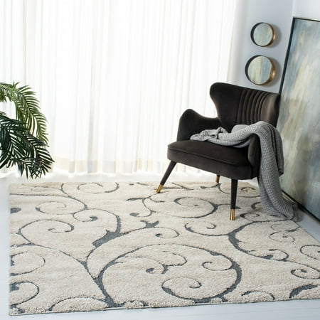 SAFAVIEH Florida Doug Floral Vines Geometric Shag Area Rug, Beige/Blue Grey, 6'7" x 6'7" Square - Transitional Modern Design, Beige & Blue Grey, Non-Shedding & Easy Cleaning, Ultra Plush Thick Pile,