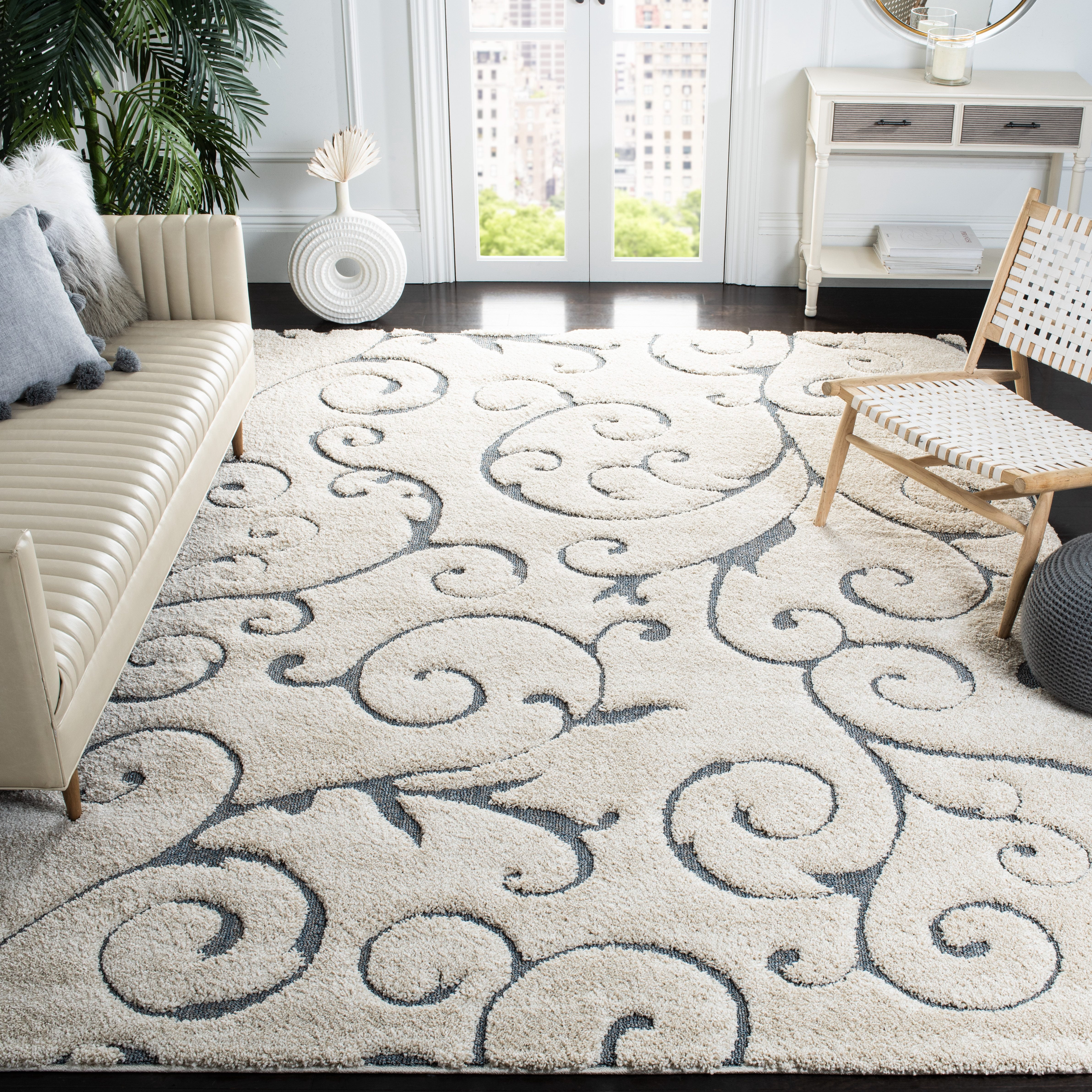 SAFAVIEH Florida Doug Floral Vines Geometric Shag Area Rug, Beige/Blue Grey, 8' x 10' - Large - Transitional Modern Design, Beige & Blue Grey, Non-Shedding & Easy Cleaning, Ultra Plush Thick Pile, Id