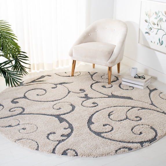 SAFAVIEH Florida Doug Floral Vines Geometric Shag Area Rug, Beige/Blue Grey, 8' x 8' Round - Transitional Modern Design, Beige & Blue Grey, Non-Shedding & Easy Cleaning, Ultra Plush Thick Pile, Ideal