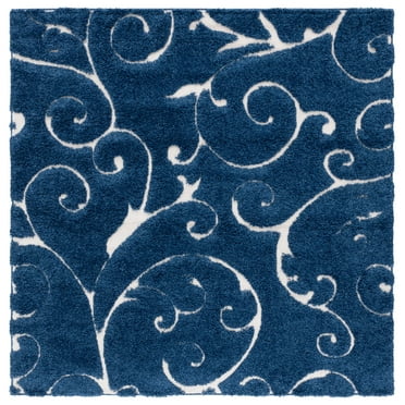 SAFAVIEH Florida Doug Floral Vines Shag Area Rug, Dark Blue/Cream, 11' x 11' Square