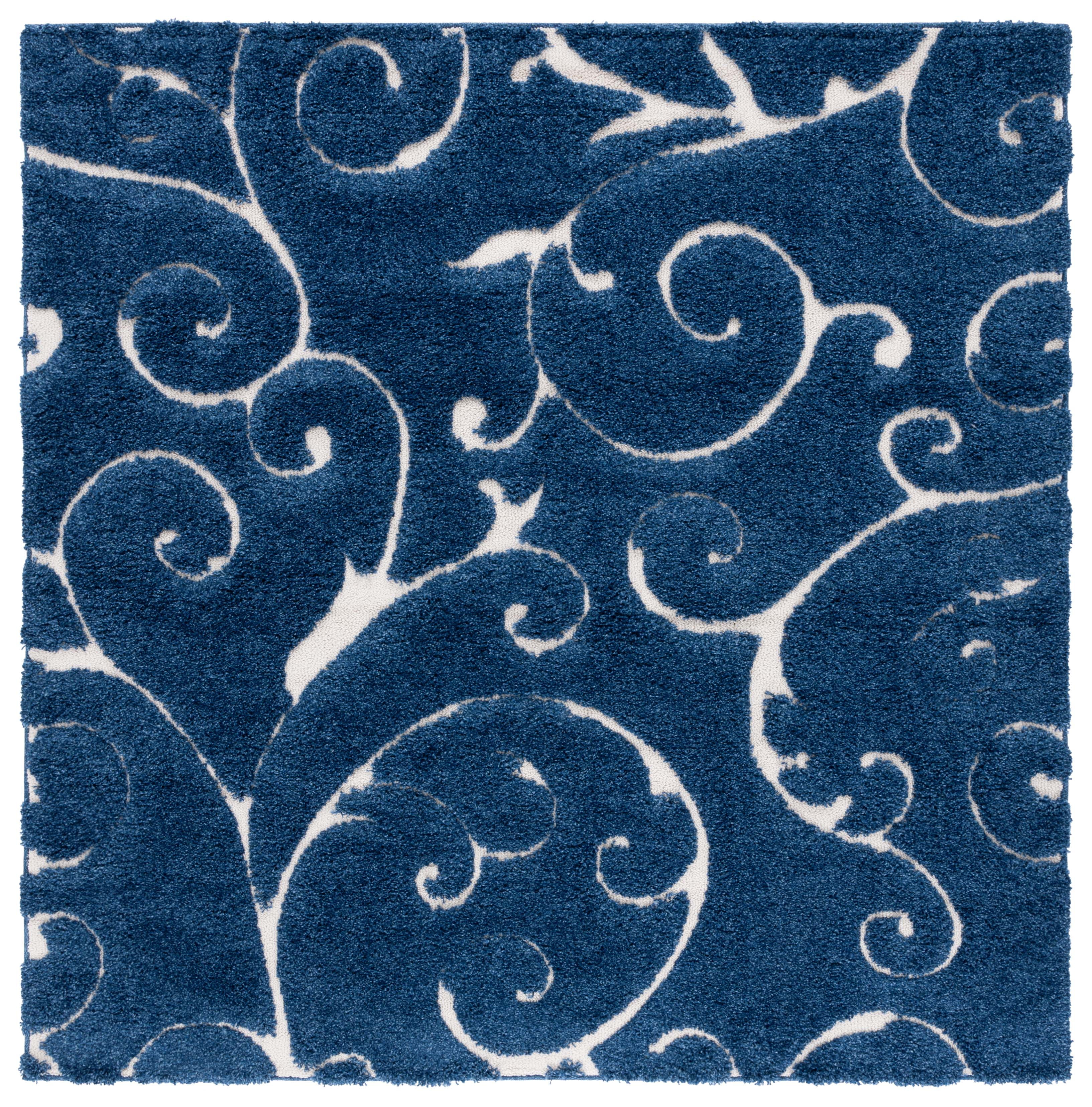 Elegant Dark Blue and Cream Square Synthetic Shag Rug 4' x 4'