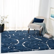 SAFAVIEH Florida Doug Floral Vines Geometric Shag Area Rug, Dark Blue/Cream, 6'7" x 6'7" Square - Transitional Modern Design, Dark Blue & Cream, Non-Shedding & Easy Cleaning, Ultra Plush Thick Pile,