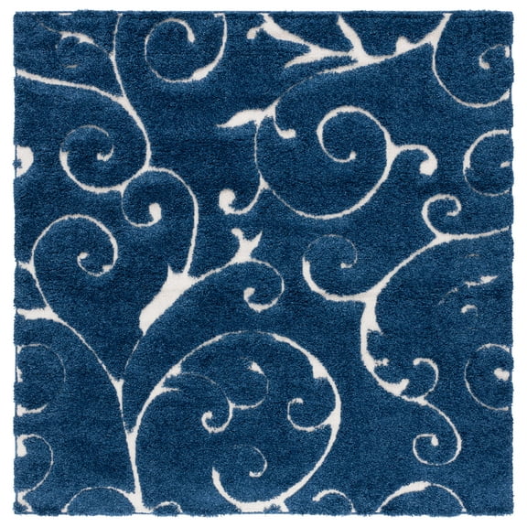 SAFAVIEH Florida Doug Floral Vines Geometric Shag Area Rug, Dark Blue/Cream, 8' x 8' Square