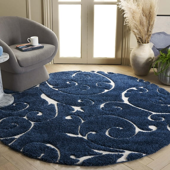 SAFAVIEH Florida Doug Floral Vines Geometric Shag Area Rug, Dark Blue/Cream, 8' x 8' Round - Transitional Modern Design, Dark Blue & Cream, Non-Shedding & Easy Cleaning, Ultra Plush Thick Pile, Ideal