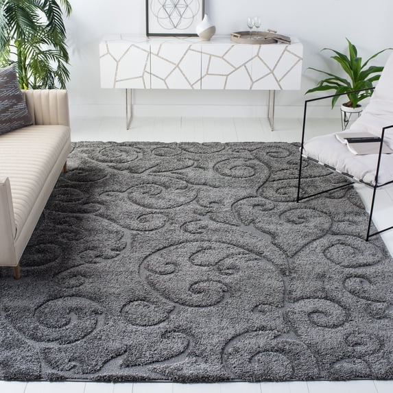 SAFAVIEH Florida Doug Floral Vines Geometric Shag Area Rug, Grey, 11' x 15' - X-Large - Transitional Modern Design, Grey, Non-Shedding & Easy Cleaning, Ultra Plush Thick Pile, Ideal for Living Room,