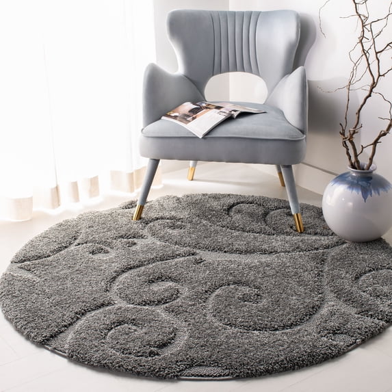 SAFAVIEH Florida Doug Floral Vines Geometric Shag Area Rug, Grey, 4' x 4' Round - Transitional Modern Design, Grey, Non-Shedding & Easy Cleaning, Ultra Plush Thick Pile, Ideal for Living Room, Bedroo