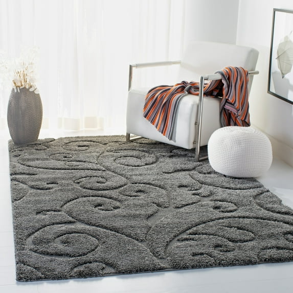 SAFAVIEH Florida Doug Floral Vines Geometric Shag Area Rug, Grey, 5'3" x 7'6" - Transitional Modern Design, Grey, Non-Shedding & Easy Cleaning, Ultra Plush Thick Pile, Ideal for Living Room, Bedroom