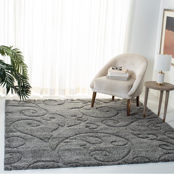 SAFAVIEH Florida Doug Floral Vines Geometric Shag Area Rug, Grey, 6'7" x 6'7" Square - Transitional Modern Design, Grey, Non-Shedding & Easy Cleaning, Ultra Plush Thick Pile, Ideal for Living Room, B
