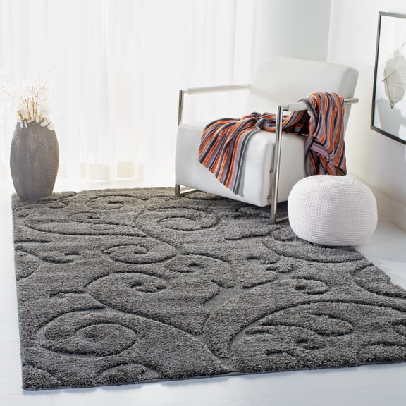 SAFAVIEH Florida Doug Floral Vines Geometric Shag Area Rug, Grey, 6' x 9' - Transitional Modern Design, Grey, Non-Shedding & Easy Cleaning, Ultra Plush Thick Pile, Ideal for Living Room, Bedroom