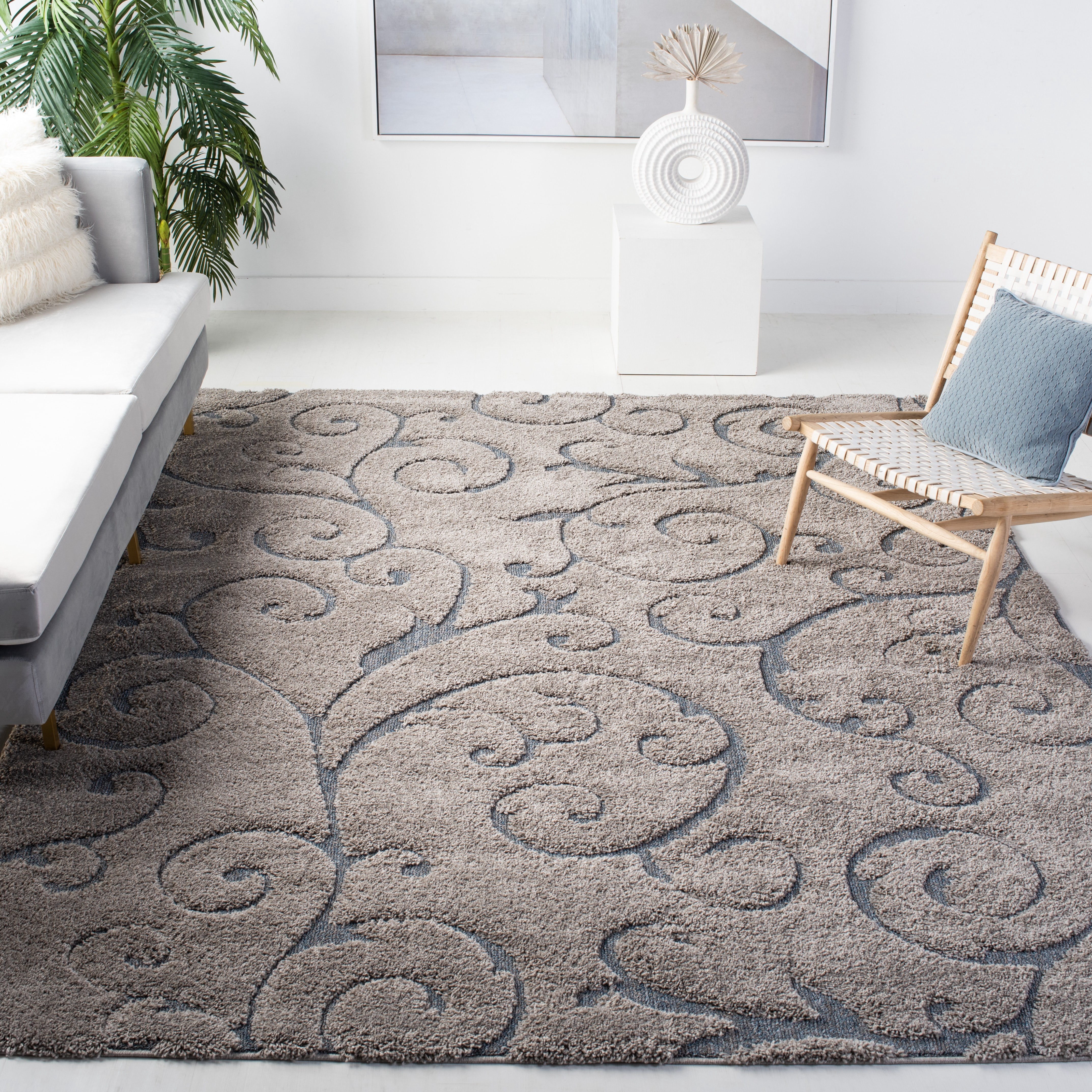 SAFAVIEH Florida Doug Floral Vines Geometric Shag Area Rug, Grey/Light Blue, 11' x 15' - X-Large - Transitional Modern Design, Grey & Light Blue, Non-Shedding & Easy Cleaning, Ultra Plush Thick Pile,