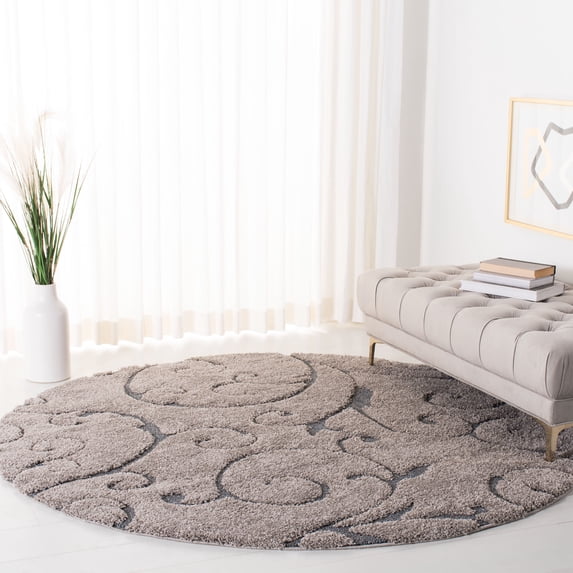 SAFAVIEH Florida Doug Floral Vines Geometric Shag Area Rug, Grey/Light Blue, 4' x 4' Round - Transitional Modern Design, Grey & Light Blue, Non-Shedding & Easy Cleaning, Ultra Plush Thick Pile, Ideal