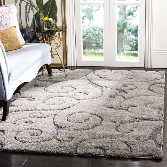 SAFAVIEH Florida Doug Floral Vines Geometric Shag Area Rug, Grey/Light Blue, 5'3" x 7'6" - Transitional Modern Design, Grey & Light Blue, Non-Shedding & Easy Cleaning, Ultra Plush Thick Pile, Ideal f