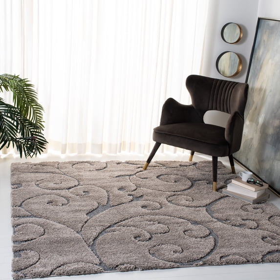 SAFAVIEH Florida Doug Floral Vines Geometric Shag Area Rug, Grey/Light Blue, 5' x 5' Square - Transitional Modern Design, Grey & Light Blue, Non-Shedding & Easy Cleaning, Ultra Plush Thick Pile, Idea
