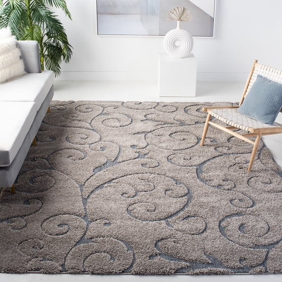 SAFAVIEH Florida Doug Floral Vines Geometric Shag Area Rug, Grey/Light Blue, 8'6" x 12' - Large - Transitional Modern Design, Grey & Light Blue, Non-Shedding & Easy Cleaning, Ultra Plush Thick Pile,