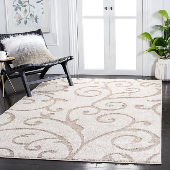 SAFAVIEH Florida Doug Floral Vines Geometric Shag Area Rug, Ivory/Beige, 5'3" x 7'6" - Transitional Modern Design, Ivory & Beige, Non-Shedding & Easy Cleaning, Ultra Plush Thick Pile, Ideal for Livin