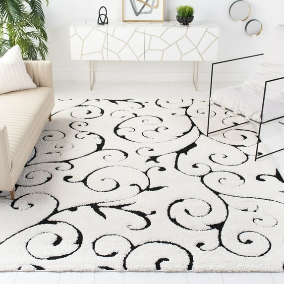 SAFAVIEH Florida Doug Floral Vines Geometric Shag Area Rug, Ivory/Black, 10' x 10' Square - Large - Transitional Modern Design, Ivory & Black, Non-Shedding & Easy Cleaning, Ultra Plush Thick Pile, Id