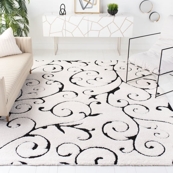 SAFAVIEH Florida Doug Floral Vines Geometric Shag Area Rug, Ivory/Black, 11' x 11' Square - Large - Transitional Modern Design, Ivory & Black, Non-Shedding & Easy Cleaning, Ultra Plush Thick Pile, Id