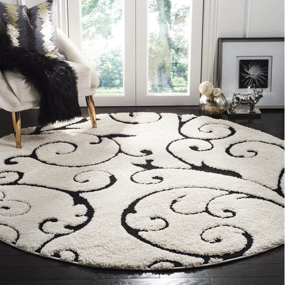 SAFAVIEH Florida Doug Floral Vines Geometric Shag Area Rug, Ivory/Black, 5' x 5' Round - Transitional Modern Design, Ivory & Black, Non-Shedding & Easy Cleaning, Ultra Plush Thick Pile, Ideal for Liv