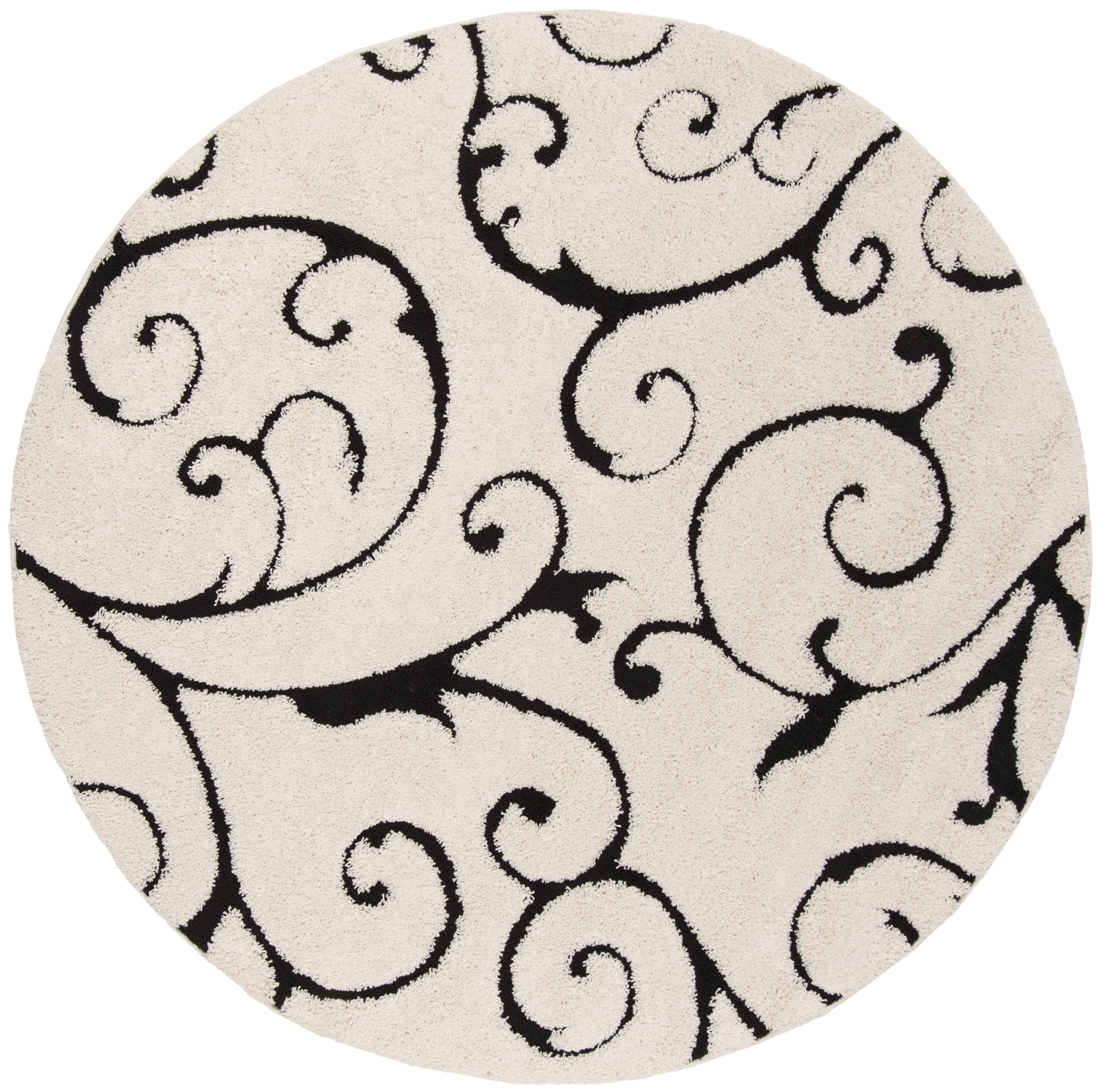 Ivory and Black Round Floral Shag Area Rug