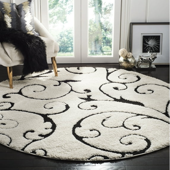 SAFAVIEH Florida Doug Floral Vines Geometric Shag Area Rug, Ivory/Black, 8' x 8' Round - Transitional Modern Design, Ivory & Black, Non-Shedding & Easy Cleaning, Ultra Plush Thick Pile, Ideal for Liv