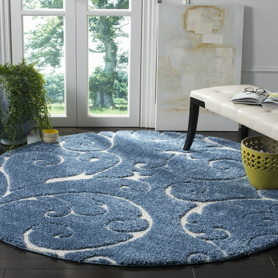 SAFAVIEH Florida Doug Floral Vines Geometric Shag Area Rug, Light Blue/Cream, 4' x 4' Round - Transitional Modern Design, Light Blue & Cream, Non-Shedding & Easy Cleaning, Ultra Plush Thick Pile, Ide