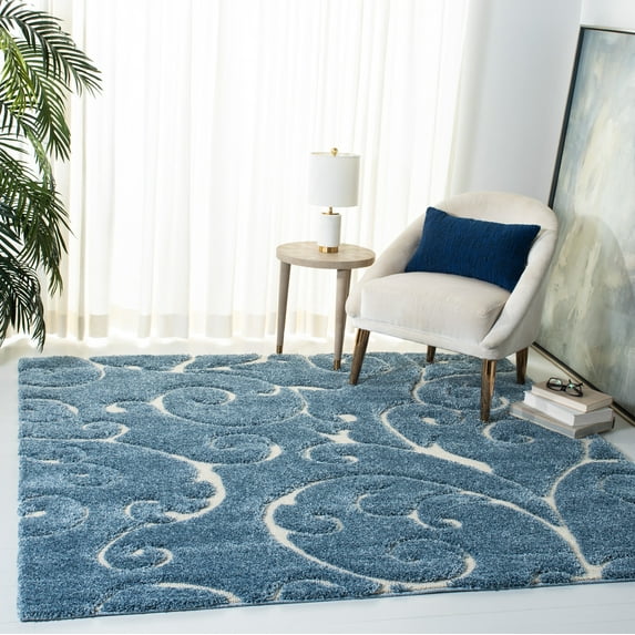 SAFAVIEH Florida Doug Floral Vines Geometric Shag Area Rug, Light Blue/Cream, 6'7" x 6'7" Square - Transitional Modern Design, Light Blue & Cream, Non-Shedding & Easy Cleaning, Ultra Plush Thick Pile
